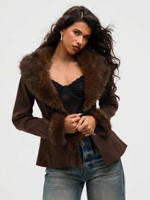 Aloruh Áo khoác thường chắp vá lông giả cổ điển thời trang dành cho nữ, mùa thu, lễ hội Rave chào đón năm học mới, buổi hòa nhạc đồng quê Ibiza Nashville, trang phục miền Tây dành cho nữ, phong cách Boho, đường phố, nhiệt đới, áo khoác dáng rộng màu nâu Gyaru - màu nâu - Xem 8