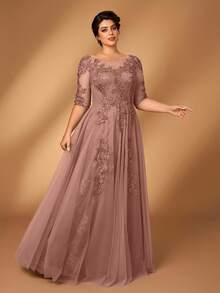 Serin Plus Size Summer Romantic Elegant Round Neck 3/4 Sleeve Lace Contrast Mesh A-Line Hem Luxury Applique Dress, Suitable For Evening Party, Date, Ball, Singles Party, Music Festival, Vacation, Wedding, Bride Mother Dress, Valentine's Day - Dusty Pink - View 5