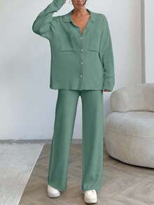 EURMUSE Women Solid Color Collar Neck Front Button Pocket Detailed Pullover & Sweater Pants Set,Winter Clothes - Mint Green - View 7