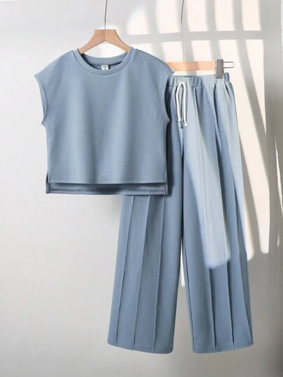 2 件套青少年女孩休闲日常舒适圆领宽松 T 恤和直筒纯色裤子套装