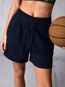 SHEIN Sports 休闲纯色抽绳腰宽松运动短裤 - 寶藍色 - 查看 1