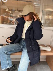 EURMUSE Solid Color High Neck Belted Padded Coat For Winter And Autumn - Black - View 5