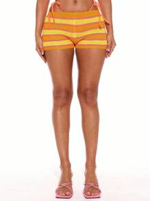 Musera Resort Low Rise Knit Micro Mini Shorts Sexy Club Cover Up For Summer Spring Holiday Vacation Ibiza Beachwear Girly Pastel - Multicolor - View 2