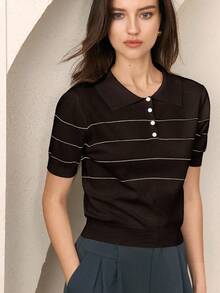 BizChic 2025 秋冬黑色 Polo 领半拉链单排扣撞色纽扣条纹针织毛衣上衣，优雅现代，适合商务、休闲、办公室、约会、派对、婚礼嘉宾、生日、万圣节、圣诞节 - 紫色 - 查看 6