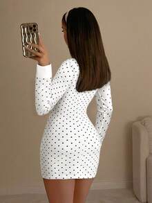SHEIN ICON 女士合身黑白波点撞色领子星期三迷你连衣裙 - 白色 - 查看 2