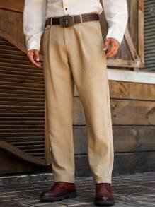 Manfinity Nomadique Men's Casual Versatile Commuter Solid Color Tapered Pants Baggy Khaki Pants Khaki Barrel Pants Beige Pants For Men, Fall - Khaki - View 5