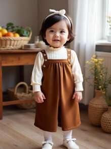 SHEIN Vintaside Kids 女婴针织提花高领长袖上衣和编织花卉刺绣围兜连体衣秋季服装套装，秋冬 - 巧克力棕 - 查看 1