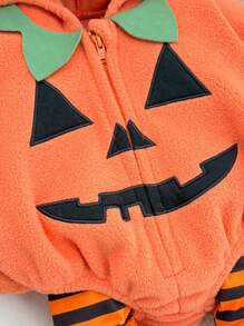 新生女宝宝可爱万圣节卡通图案橙色连帽连体衣套装，南瓜万圣节角色生日派对条纹裤拉链南瓜橙色可爱2件装条纹裤婴儿万圣节南瓜婴儿婴儿南瓜套装万圣节婴儿服装秋季 - 橘色 - 查看 3