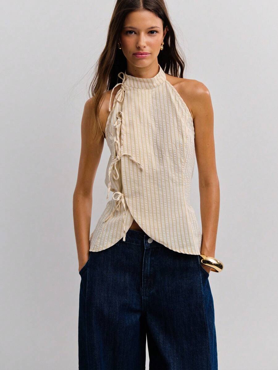 Nöista 夏季中国风领口亚麻条纹无袖蝴蝶结细节，饰有亚麻条纹和蝴蝶结细节！ - 杏色 - 查看 1