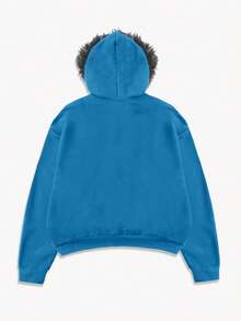 ROMWE MEN Street Life Men's Fluffy Collar Loose Short Style Sweatshirt Sweatshirt, Streetwear - Navy Blue - View 3