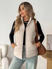 SHEIN LUNE 女士休闲纯色保暖无袖羽绒服，基础款秋冬羽绒背心，适合叠穿，冬季百搭，适合外出穿着，秋季新款，时尚百搭，适合冬季外出穿着。 - 米色 - 查看 5