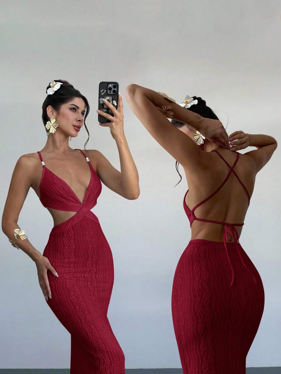 Firerie 女式白色纹理提花串珠系带露背修身开衩长裙，性感度假连衣裙，春夏服装，沙滩装，通勤，优雅，性感，度假，海滩，波西米亚风，夏威夷，音乐节，浪漫，约会