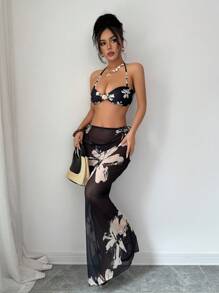Selianne Bộ đồ bơi 3 món in họa tiết vỏ sò hở lưng cho nữ & váy maxi lưới, kỳ nghỉ hè - Nhiều màu - Xem 3