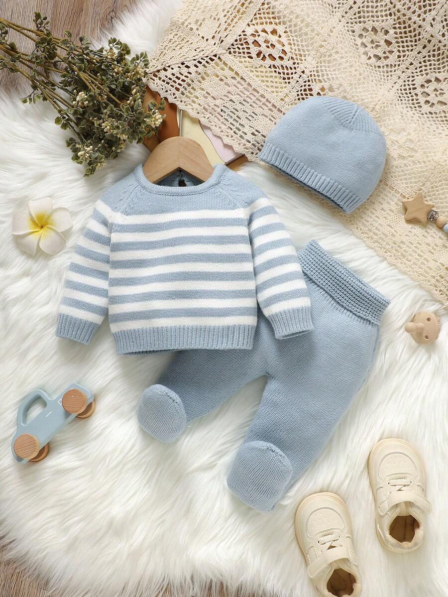 SHEIN 3pcs Newborn Baby Striped Sweater Set, Casual Pullover Sweater, Simple Leggings, And Hat Fall Winter - Green - View 1