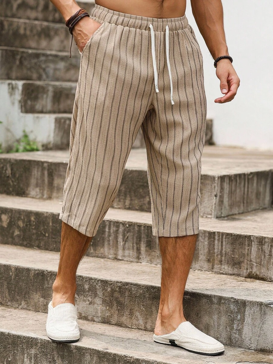 Manfinity RSRT Men's Striped Drawstring Waist Pockets Straight Leg Casual Stretch 7/8 Pants