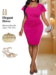 Fleurora 2025 New Clothing Spring And Summer Casual Elegant Bohemian Rose Red Square Neck Knitted Ruffle Lace Sleeves Slim Fit Medium And Long Plus Size Dress Easter Dress Women Graduation Dress Business Casual Women's Wear   Wedding Guest Dress Women Back To School Fall Women Clothes Teacher Outfits For Women Business Casual Woman Office Outfits For Women Elegant Dresses For Women Work Clothes Women Teacher Vintage  Vacation Outfits Women Vacation Boho