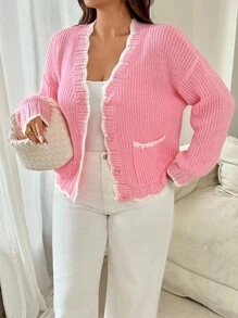 Vionelle Gestrickter Damen Cardigan in Große Größen, süßer und jugendlicher sanfter Stil, minimalistisch, Lässig und vielseitig für den Alltag, Herbst/Winter - Pink - Übersicht 1