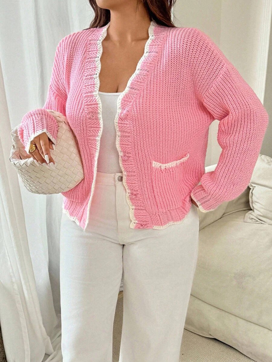 Vionelle Gestrickter Damen Cardigan in Große Größen, süßer und jugendlicher sanfter Stil, minimalistisch, Lässig und vielseitig für den Alltag, Herbst/Winter - Pink - Übersicht 1