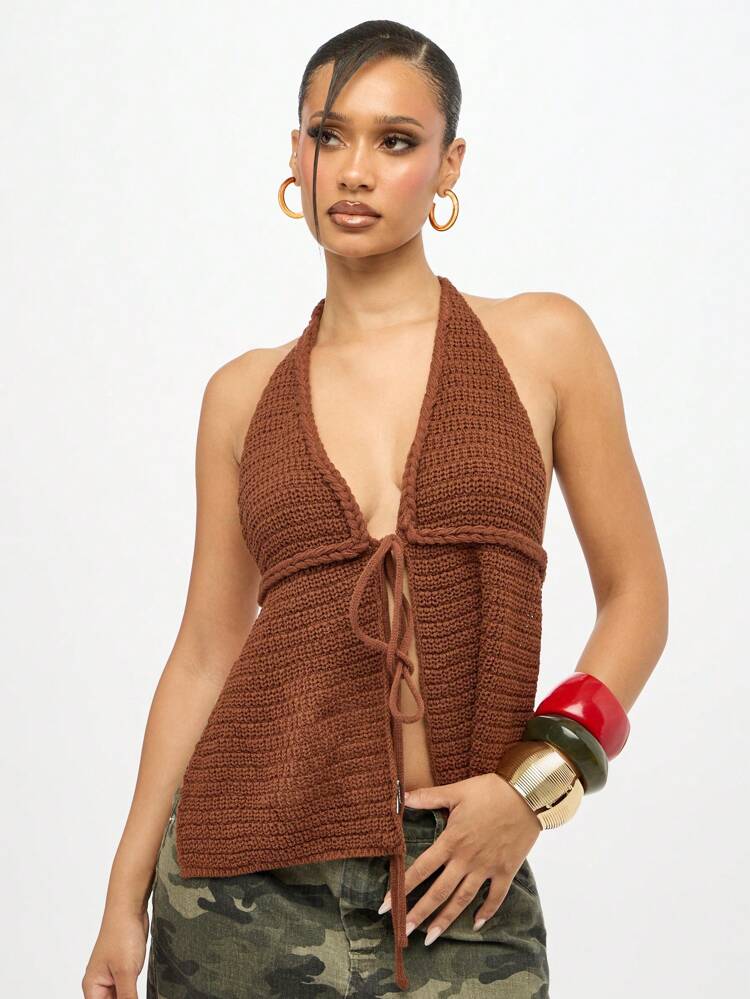 SUMWON WOMEN Crochet Halter Neck Top With Front Tie Detail