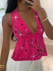 Serisse Áo ba lỗ hở lưng thêu sequin mới mùa hè dành cho nữ - Màu Hồng Tươi - Xem 4