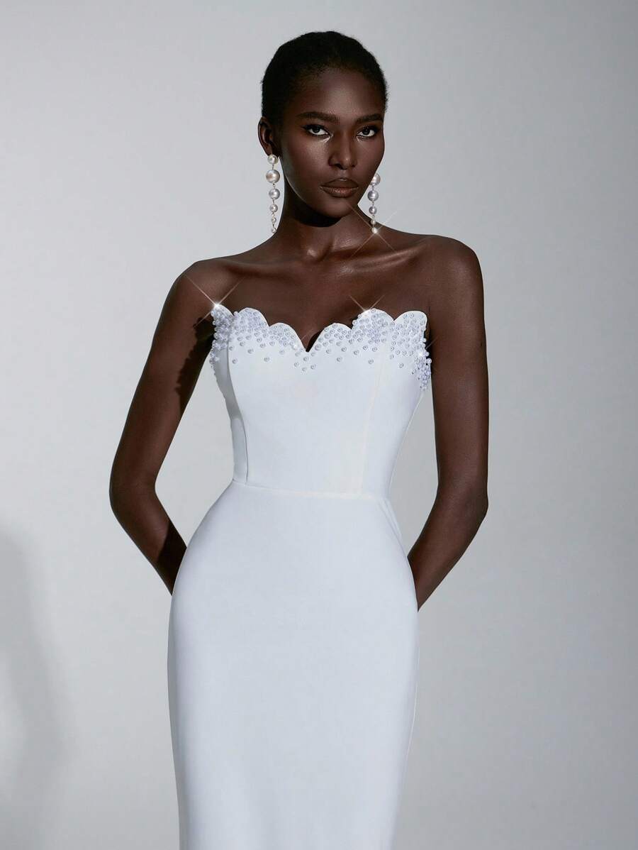 Elitara 优雅奢华白色手工全胸珍珠贝壳领高腰修身美人鱼下摆连衣裙，适合婚礼、新娘礼服 - 白色 - 查看 1