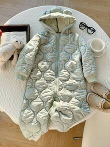 SHEIN Zielony, teksturowany, termiczny, podszyty, swobodny, w stylu vintage, chłopięcy kombinezon typu "wszystko w jednym", z kapturem i długim rękawem, odpowiedni do zabawy na śniegu, na jesień/zimę