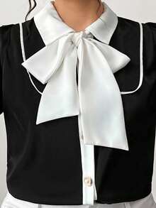 Elenzga بلوزة نسائية كبيرة الحجم بأكمام طويلة وياقة ربطة عنق بلون متباين