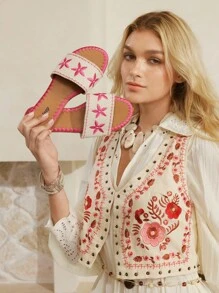 Styleloop Giày sandal đế bằng cho nữ, họa tiết dệt, phong cách Bohemian, thích hợp cho kỳ nghỉ, Halloween, Giáng sinh, tiệc tùng - trái cam - Xem 3