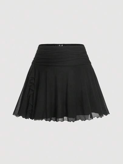 SHEIN MOD Plus Size Pleated Asymmetrical Ruffle Hem Skirt