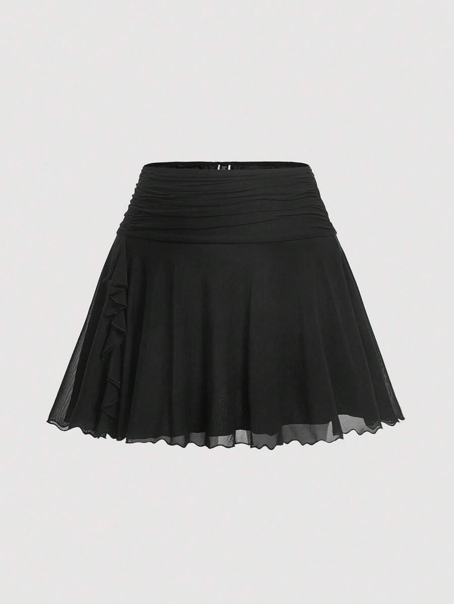 SHEIN MOD Plus Size Pleated Asymmetrical Ruffle Hem Skirt - Black - View 1