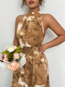 Modelyn Váy chữ A không tay buộc eo in họa tiết tie dye dành cho nữ, màu tím nhạt - Màu Khaki - Xem 3