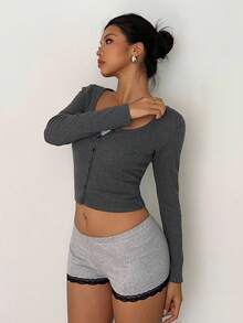 Aloruh Quần short cạp chun phối ren tương phản thường ngày mùa hè dành cho nữ - Màu Xám nhạt - Xem 4