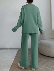 EURMUSE Women Solid Color Collar Neck Front Button Pocket Detailed Pullover & Sweater Pants Set,Winter Clothes - Mint Green - View 3