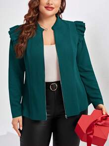 SHEIN Clasi Áo khoác thời trang tay dài màu trơn có khóa kéo phía trước cỡ lớn cho nữ vào mùa thu/đông - Màu xanh lá cây đậm - Xem 5