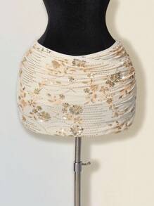 Sweetina Women's Sequin Embroidered Overlap Ruched Bodycon Mini Skirt - Apricot - View 1