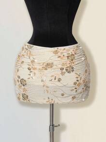 Sweetina Women's Sequin Embroidered Overlap Ruched Bodycon Mini Skirt - Apricot - View 2