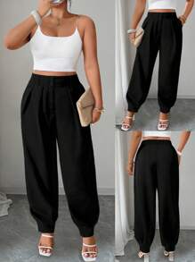 Elenzga Damenhose in großen Größen mit Taschen, plissierte, locker geschnittene Freizeithose Einfarbig