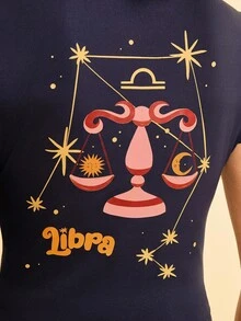 CAJUNI Women's Tropical Bohemian Style Libra Constellation Print Navy Blue Casual Cropped T-Shirt - Multicolor - View 2