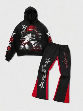 Grunge Punk Men's Graphic Print Hoodie And Contrast Color Sweatpants Set, Streetwear