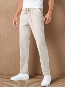 HIMLAND Pantaloni lunghi e affusolati in cotone da uomo con coulisse in vita, tasca con toppa, in lino khaki semplice da marito per uscire