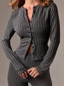 AiiRZ 长袖纽扣罗纹针织开衫修身短款上衣，带镂空细节，秋冬分层单品，扇形领口，弹力优雅休闲装 - 駝色 - 查看 1