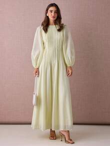 Enchnt 秋冬浪漫女士优雅奶油黄灯笼袖长裙，甜美优雅，适合度假、约会、节日、派对、毕业典礼、婚礼宾客和海滩，舞会礼服，女士太阳裙，优雅派对礼服，女士秋季礼服 - 黃色 - 查看 4