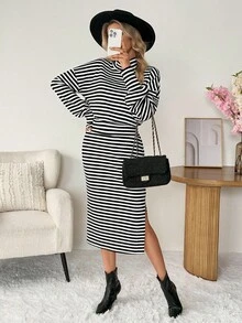 SHEIN LUNE 女式休闲条纹腰部收腰长袖中长连衣裙 - 黑與白 - 查看 11