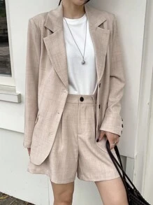 DAZY 女士翻领长袖单排扣西装外套和短裤休闲套装商务装 - 卡其色 - 查看 5