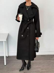 SHEIN Tall Women's Solid Color Lapel NeckDouble-Breasted Long Overcoat Long Black Coat In Fall/Winter - Black - View 6