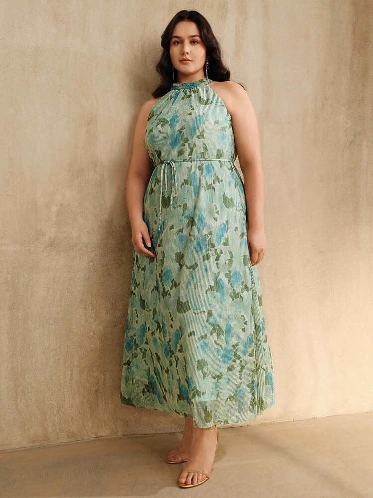 Elegant Fashion Elegant Vacation Halter Sleeveless Waist Tie Plus Size Women Long Dress