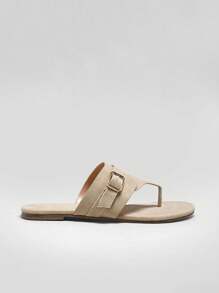 Solezae 休闲纯色绒面革女士简约风格平底人字凉鞋