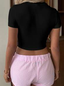 SHEIN EZwear Casual Minimalist Pattern Round Neck Short Sleeve Fitted Cropped Women T-Shirt, Suitable For Summer - Black - View 11