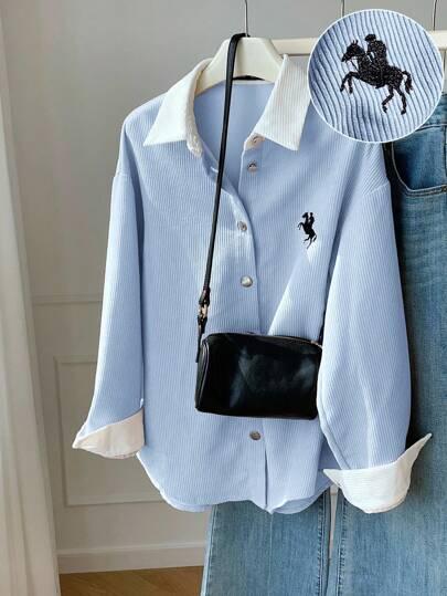 Comfortcana 休闲落肩衬衫，动物刺绣和衬衫领，蓝白灯芯绒衬衫学院风上衣秋冬马衬衫