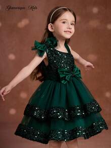 Young Girl Elegant Mesh Sequin Princess Dress,Christmas Dress Fall Winter - Dark Green - View 1